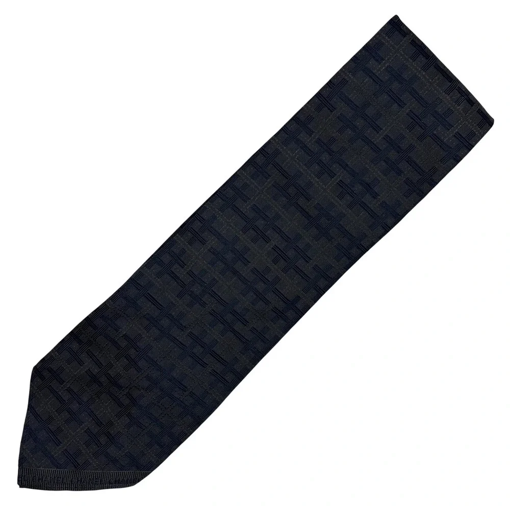 Vintage Chanel Paris Silk Tie Navy Blue Woven Basketweave Pattern Made in Italy
